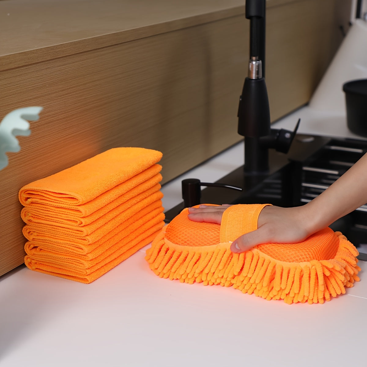 Super Absorbent Microfiber Car Wash Sponge And Towel Set - 6pcs Set Including 1 Chenille Cleaning Sponge