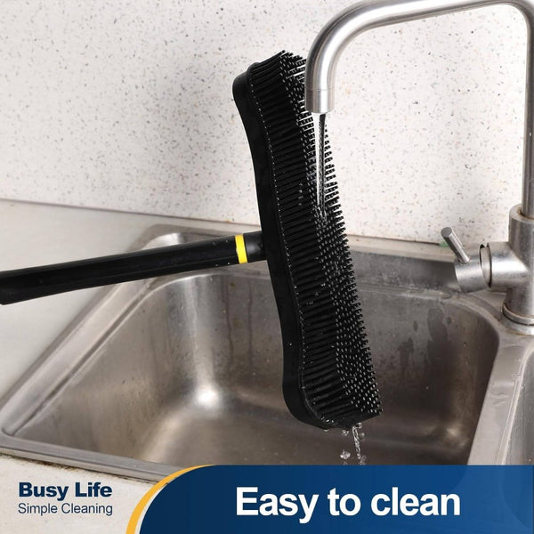 2-in-1 Pet Hair Removal Rubber Broom with Squeegee & Carpet Rake - 57.5” Long Handle Heavy-Duty Floor for