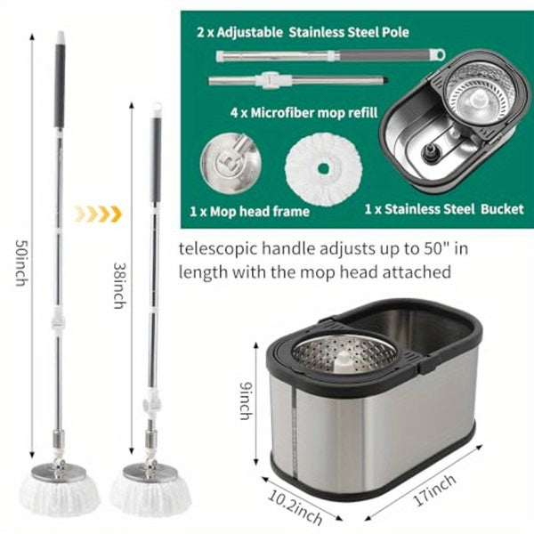 Stainless Steel Spin Mop and Bucket System with Wringer - 360° Spinning Mop