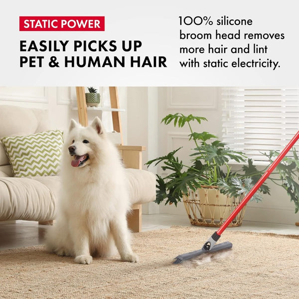 2-in-1 Heavy-Duty Pet Hair Removal Broom with Swivel & Long Handle - Heavy-Duty Rubber Bristles & Squeegee Attachment