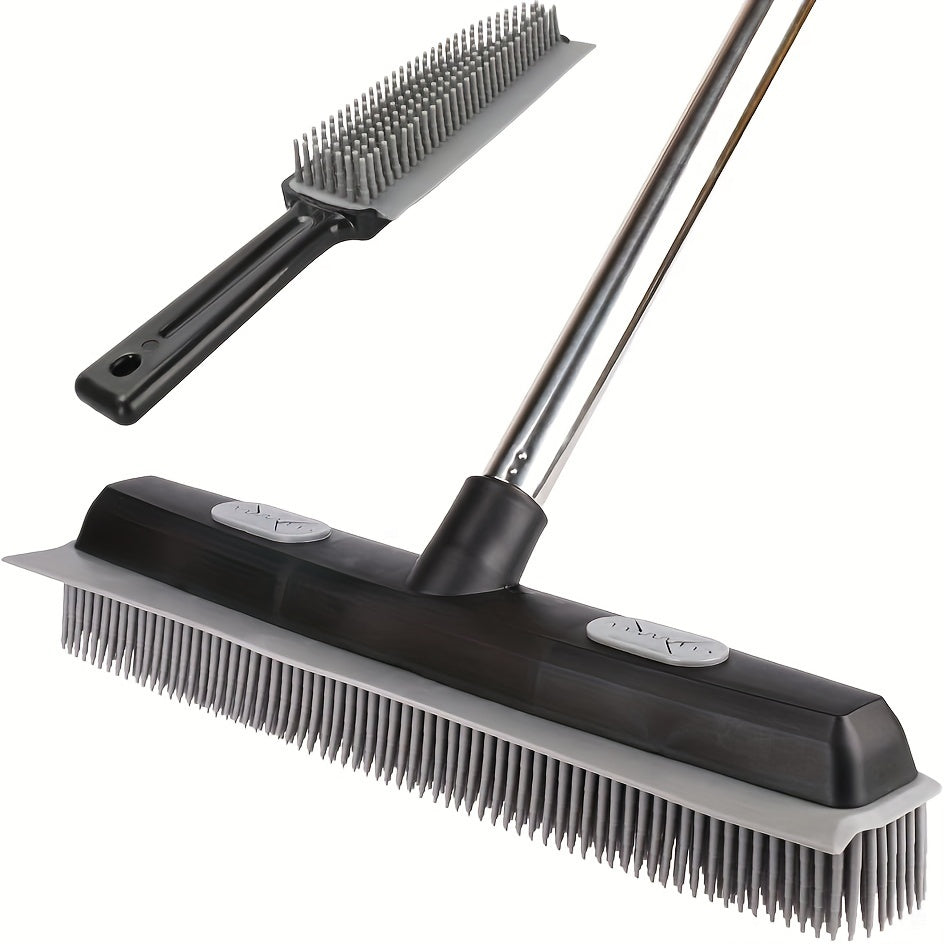 Pet Hair Rubber Broom With Carpet Rake And Squeegee, 2 In 1 Floor Brush For Carpet