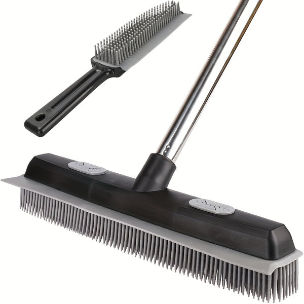 Pet Hair Rubber Broom With Carpet Rake And Squeegee, 2 In 1 Floor Brush For Carpet