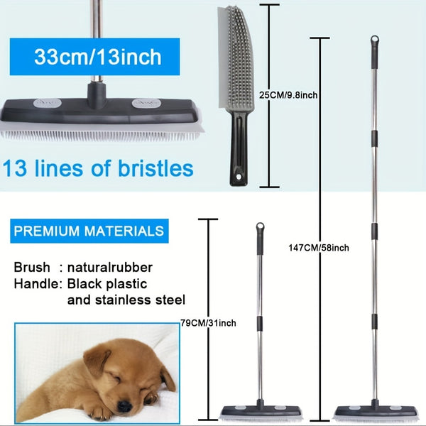 Pet Hair Rubber Broom With Carpet Rake And Squeegee, 2 In 1 Floor Brush For Carpet